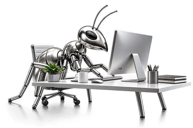 A robotic ant working at a desk with digital tools and automation